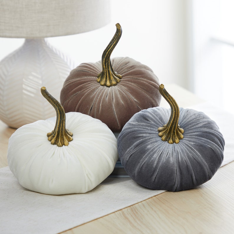 LARGE velvet pumpkins set of 3, taupe decor, elegant fall centerpiece for wedding, gray pumpkin arrangement, neutral farmhouse decor, white image 1