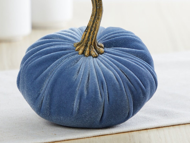 May include: A blue velvet pumpkin with a gold stem. The pumpkin is a decorative item for fall and autumn.