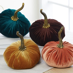 SMALL Velvet Pumpkins Set of 4, orange pumpkin decor, cozy gifts for women, gold pumpkin aesthetic fall mantel decor, autumn mantel decor image 3