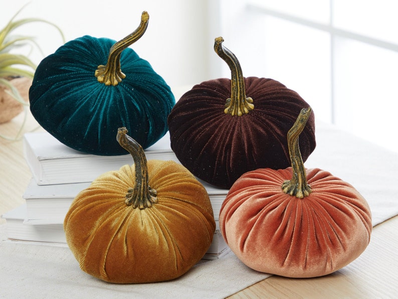 SMALL Velvet Pumpkins Set of 4, orange pumpkin decor, cozy gifts for women, gold pumpkin aesthetic fall mantel decor, autumn mantel decor image 3