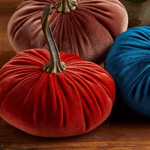 May include: Three velvet pumpkins in shades of red, brown, and blue. The pumpkins are all plump and have a slightly textured surface.