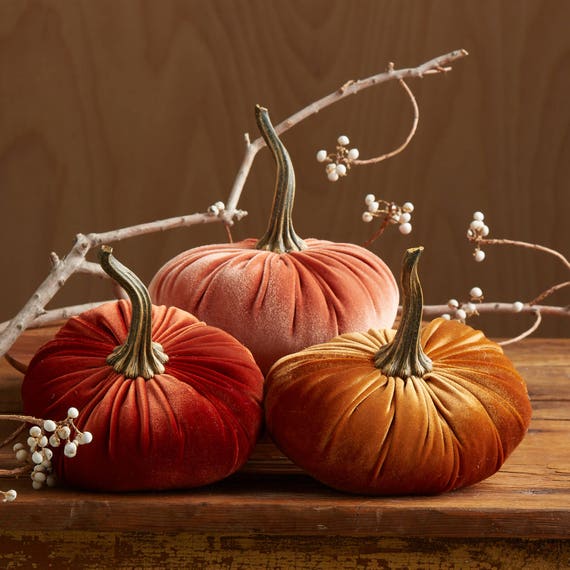 Velvet Pumpkins Set Of 3 Large Fall Wedding Centerpiece Etsy