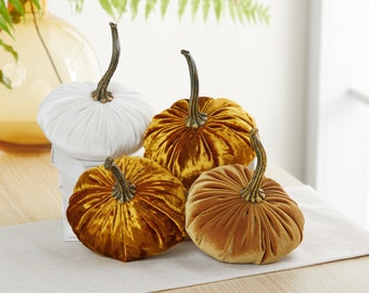 Small Velvet Pumpkins Set of 4-Luxe Medallion, Ivory, Gold, modern rustic wedding, farmhouse mantle decor, cozy home decoration, Tabletop