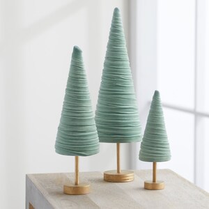 Sage pedestal velvet cones set of 3, everyday mantel décor, sage green decor, Christmas tablescape, wedding centerpiece, modern farmhouse