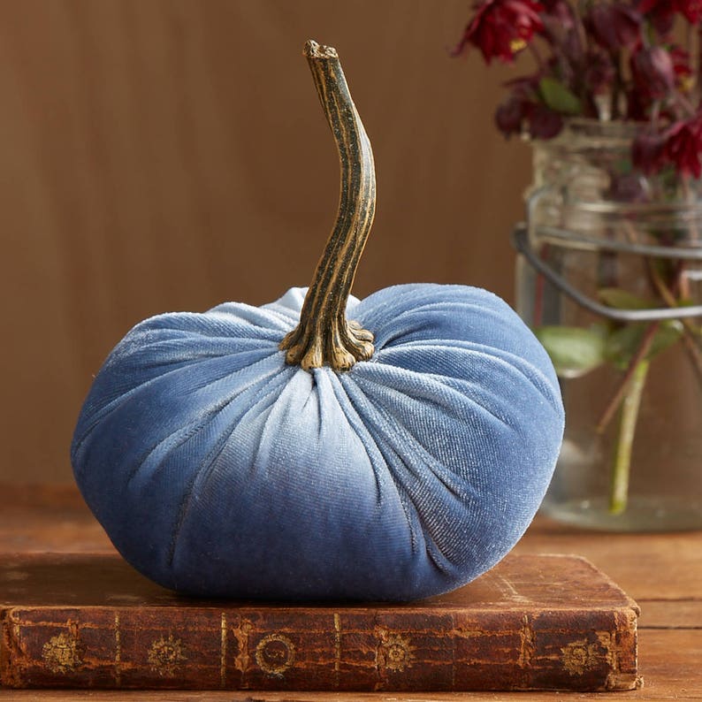 May include: A blue velvet pumpkin with a brown stem. The pumpkin is sitting on an old book.
