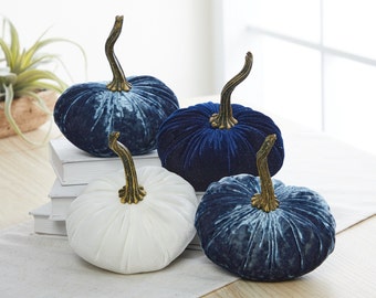 SMALL velvet pumpkins set of 4, indigo blue decor, our little pumpkin baby shower decorations boy, white pumpkin centerpiece for table, navy