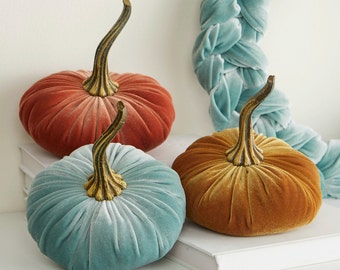 LARGE velvet pumpkins set of 3, sage green pumpkin centerpiece for table, cozy gifts for women, cottagecore table decor, gold pumpkin decor