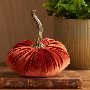 May include: A velvet pumpkin with a gold stem. The pumpkin is a deep orange color and has a pleated design. It is sitting on top of an old book.
