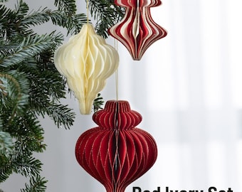 Honeycomb paper ornament red ivory set of 6, Christmas tradition, glitter gold edging festive charm, brighten holiday, nostalgic centerpiece