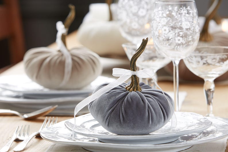 SMALL velvet pumpkins set of 4, lavender pumpkin decor, gray pumpkin plum decor, aesthetic bookshelf decor, white pumpkin centerpiece for image 4