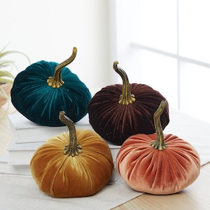 SMALL Velvet Pumpkins Set of 4, orange pumpkin decor, cozy gifts for women, gold pumpkin aesthetic fall mantel decor, autumn mantel decor image 1