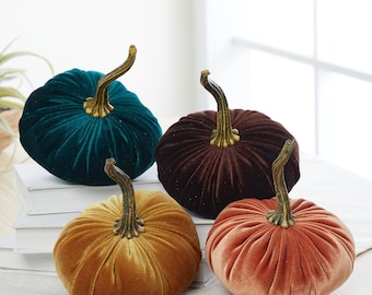 SMALL Velvet Pumpkins Set of 4, orange pumpkin decor, cozy gifts for women, gold pumpkin aesthetic fall mantel decor, autumn mantel decor