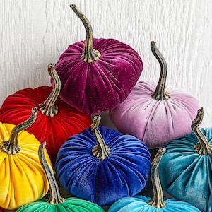 SMALL Rainbow Velvet Pumpkins Set of 10, Eclectic Home Decor, Colorful Centerpiece for Table, LGBT Wedding Decor, Bold Modern Mantel Decor image 5