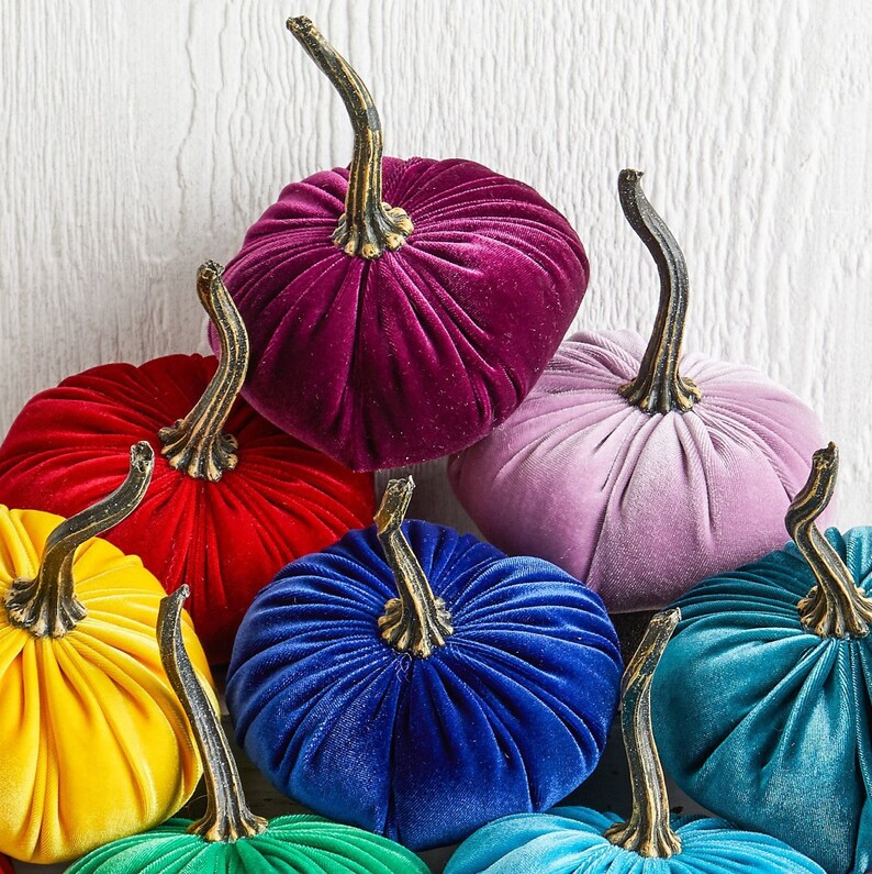 SMALL Rainbow Velvet Pumpkins Set of 10, Eclectic Home Decor, Colorful Centerpiece for Table, LGBT Wedding Decor, Bold Modern Mantel Decor image 5