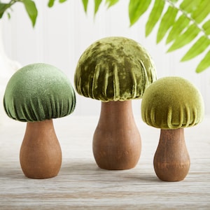 Olive Green Velvet Mushrooms, set of 3, charming nature inspired gift, cottagecore, wooden mushrooms, wood figure charming whimsy home decor
