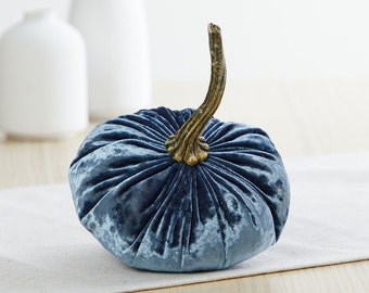 Small Velvet Pumpkin, modern farmhouse decor, cozy home decor, rustic centerpiece, table decoration, best selling item (Luxe Indigo)