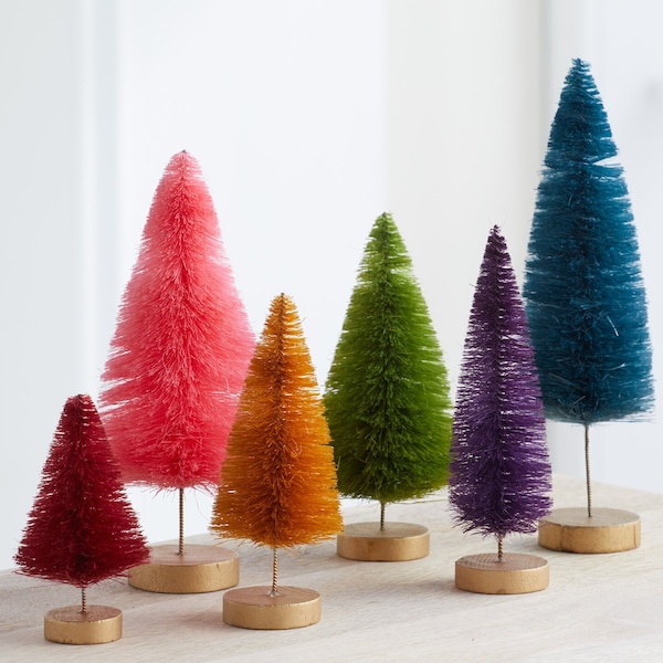Colorful bottle brush trees set of 6, rainbow Christmas mantel decor, jewel color accent, trendy shelf sitters,  wedding decorations