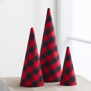 Trees Set of 3 Red Check Plaid Flannel, rustic home decor, tabletop decor, table centerpiece, black and white decor, best selling item