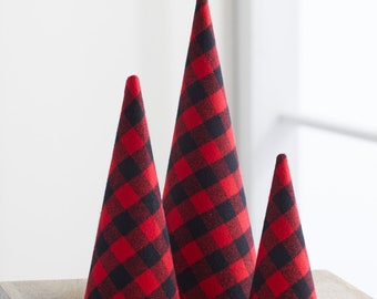 Trees Set of 3 Red Check Plaid Flannel, rustic home decor, tabletop decor, table centerpiece, black and white decor, best selling item