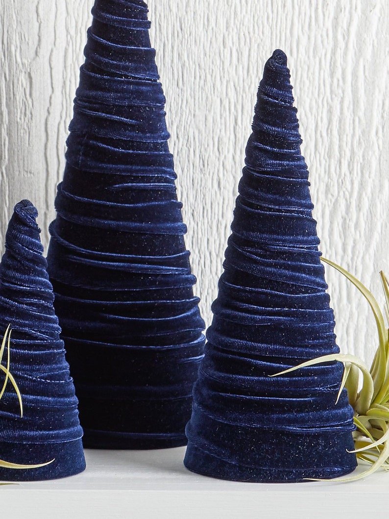 Velvet Cones Set of 3 Navy, Wedding Centerpiece, Minimalist Mantel Decor, Blue Christmas Decor, Tablescape Décor, Holiday Entryway, image 8