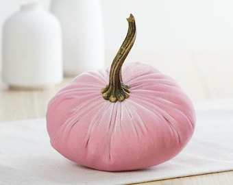 May include: A pink velvet pumpkin with a brown stem.