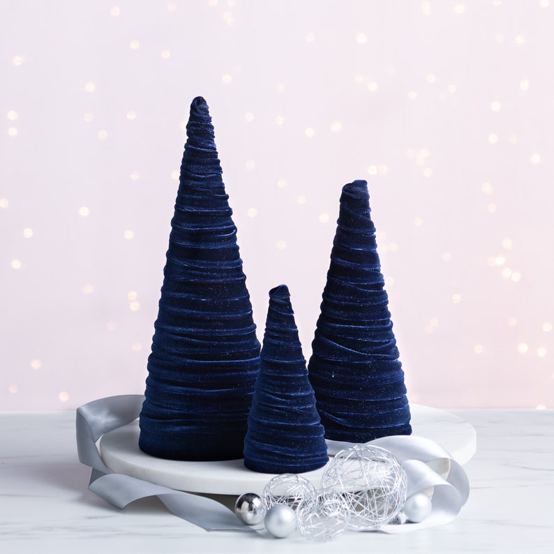 Velvet Cones Set of 3 Navy, Wedding Centerpiece, Minimalist Mantel Decor, Blue Christmas Decor, Tablescape Décor, Holiday Entryway, image 1