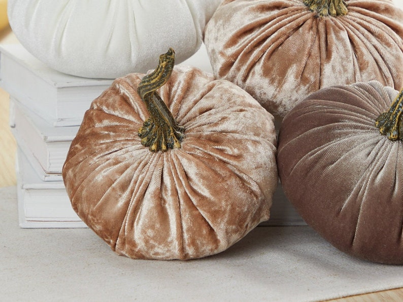 Custom SMALL velvet pumpkins with stems set of 4, taupe decor, neutral farmhouse bowl fillers, year round mantel decor, cozy gift for her image 6