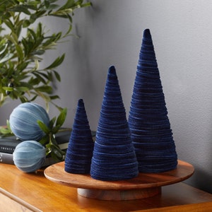 Velvet Cones Set of 3 Navy, Wedding Decor, Minimalist Mantel Decor, Blue Christmas Decor, Tablescape Décor, Holiday Entryway, Tabletop Tree