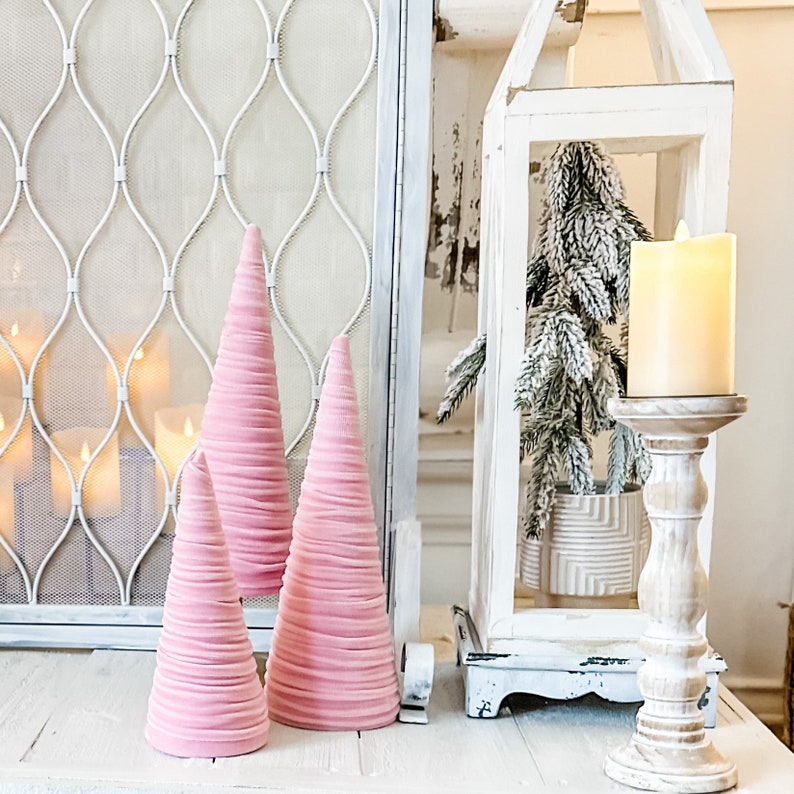 Baby pink velvet cones set of 4, coquette room decor aesthetic accessories for Mom, sweet 16 centerpieces for table, baby girl nursery decor image 2