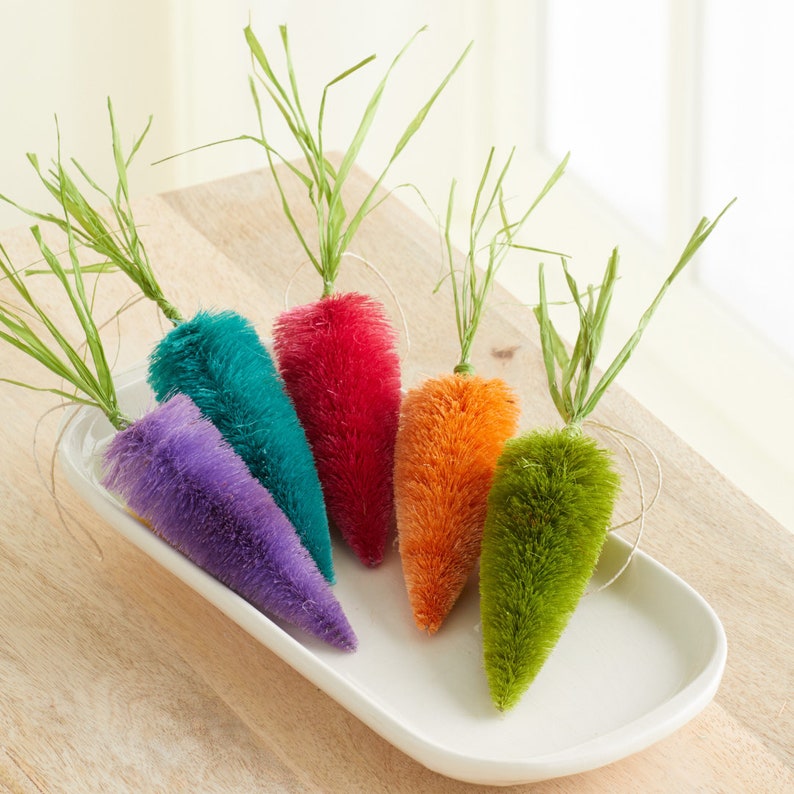 Hand dyed bottle brush carrots set of 5, cottagecore tiered tray decor, Spring bowl fillers, rainbow decor, housewarming gift image 1