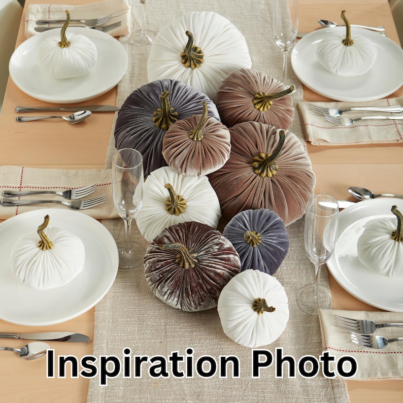 May include: A table setting featuring white plates, cutlery, and velvet pumpkins in shades of white, grey, and brown. The pumpkins have bronze stems. The text "Inspiration Photo" is visible.