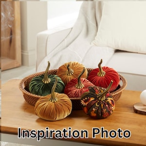 Peut inclure: Six citrouilles en velours dans un panier en osier. Les citrouilles sont de diff&eacute;rentes couleurs, notamment le vert, l'orange, le rouge et le marron. Les citrouilles mesurent environ 10 cm de haut.