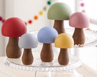 Custom Colors Wood Mushrooms set of 6, pastel mushroom decor nature lover gifts unique shelf decor shelf sitters, primary colors, tablescape