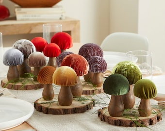 Velvet mushrooms set of 3, mushroom decor nature lover gift for women, colorful mushroom tiered tray, cottagecore decor, wedding, nursery