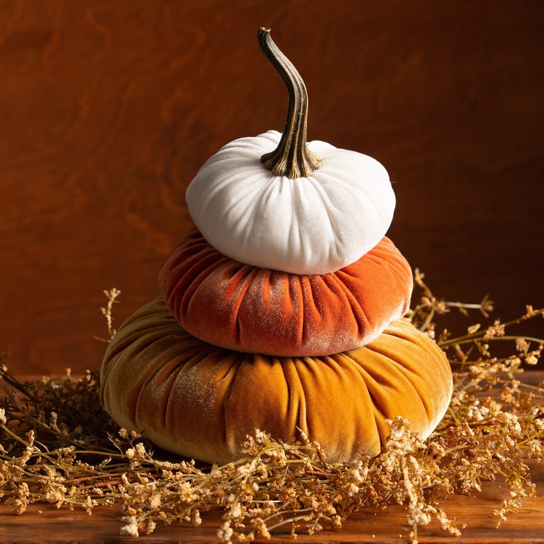 Stacked Velvet Pumpkins, Home Decor Accessories, Table Centerpiece, Home Decor Trends, Fall Wedding Centerpiece, Seasonal Mantle Decor image 1