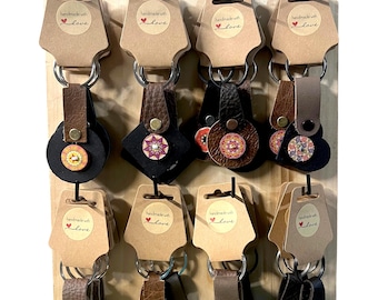 Handmade Genuine Leather Key Fobs, Boho Wood Button Keychains (24pcs)