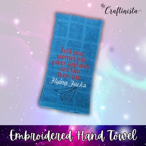 Fold Your Worries Tea Towel, Embroidered Towel, Custom Towel, Snarky Embroidery, Funny Kitchen Towel, Kitchen Décor, Paper Airplane,