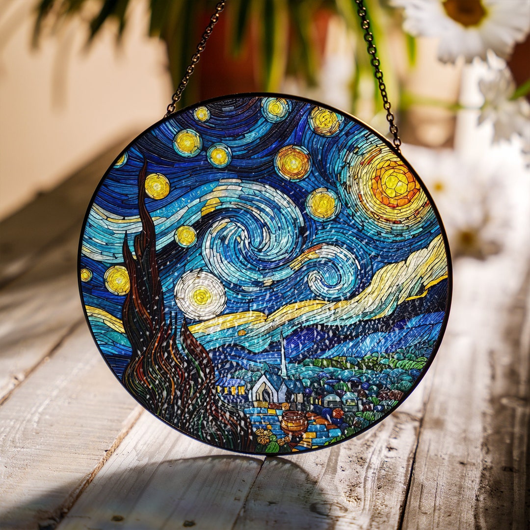 Starry Night Stained Glass Suncatcher for Window Hanging, Van Gogh ...