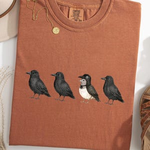 May include: A rust-colored short-sleeve t-shirt featuring a graphic of four birds in a row. Three birds are black, while the third bird from the left is a smaller, light-colored bird wearing a black bird mask. The shirt has a Comfort Colors label.