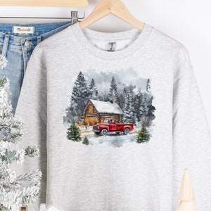 Retro Christmas Winter Sweatshirt, 90s Mountain Pine Tree Decorated Cabins Outfit Boho Sweatshirt, Vintage Christmas Sweater, Red Truck Tee