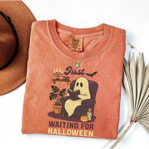 Comfort Colors® Just waiting for Halloween Shirt, Ghost Reading Shirt, Funny Halloween Reading Shirt, Book Lover Shirt, Summer Book Shirt