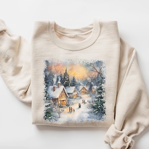 Retro Christmas Winter Village Sweatshirt, 90s Mountain Pine Tree Decorated Cabins Outfit Boho Sweatshirt, Vintage Christmas Sweater