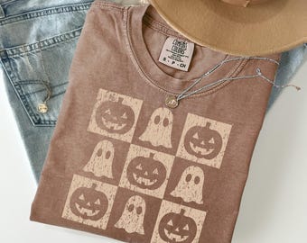Camisa de Halloween a cuadros: camiseta retro de calabaza fantasma