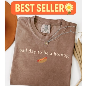 May include: Brown Comfort Colors t-shirt with the text "bad day to be a hotdog" and a hotdog graphic. A silver necklace with a pendant is on the shirt. The words "BEST SELLER" are in an orange banner.