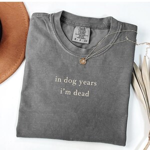 May include: A grey Comfort Colors t-shirt with the text "in dog years i'm dead" in white. A gold pendant necklace and a brown hat are also in the image. A dried plant is on the right side.
