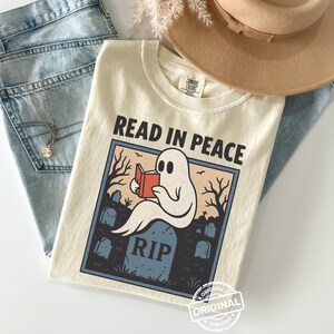 Comfort Colors® Read in Peace Shirt, Ghost Reading in Graveyard Shirt, Halloween Reading Shirt, Reader Shirt, Fall Reading Sweatshirt