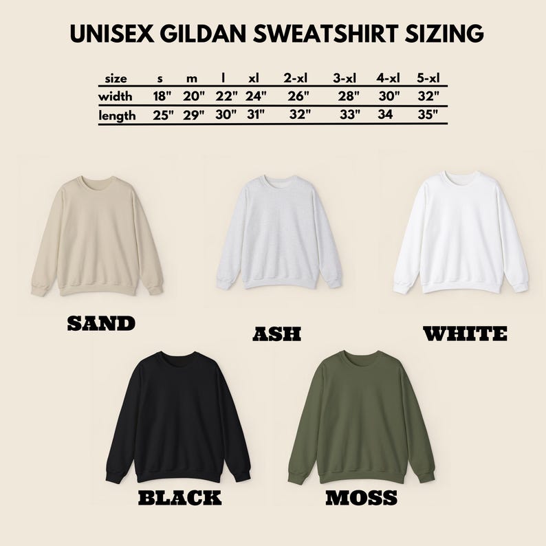 K&ouml;nnte beinhalten: Produktbild mit Gildan Unisex-Sweatshirts in Sand, Aschgrau, Wei&szlig;, Schwarz und Moosgr&uuml;n. Die Abbildung enth&auml;lt eine Gr&ouml;&szlig;entabelle mit Ma&szlig;en in Zoll f&uuml;r Breite und L&auml;nge, von Gr&ouml;&szlig;e S bis 5XL. Die Breiten reichen von 45,7 cm bis 81,3 cm und die L&auml;ngen von 63,5 cm bis 88,9 cm.