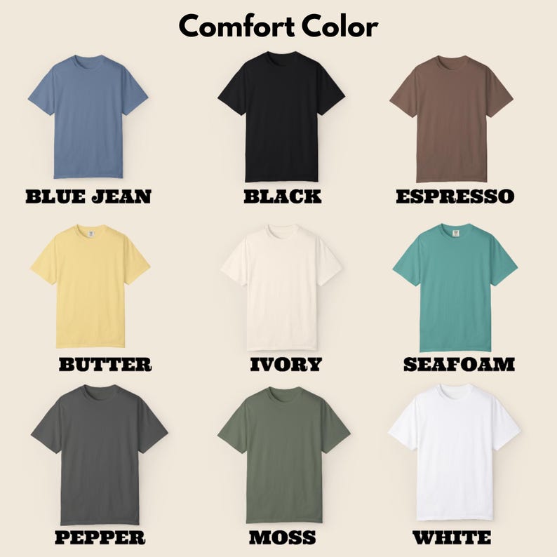 Może przedstawiać: Siatka dziewięciu koszulek z kr&oacute;tkim rękawem pod tytułem Comfort Color, przedstawiająca kolory Blue Jean, Black, Espresso, Butter, Ivory, Seafoam, Pepper, Moss i White. Każda koszulka jest jednokolorowa, z okrągłym dekoltem i kr&oacute;tkimi rękawami.