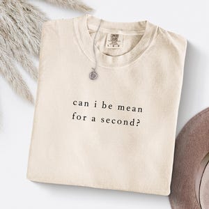 May include: A cream-colored Comfort Colors t-shirt with the phrase "can i be mean for a second?" in black text. A silver necklace with a circular pendant is draped over the shirt. The shirt is folded neatly.