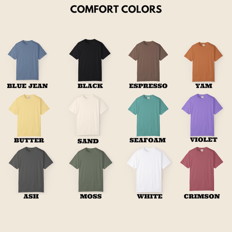 K&ouml;nnte beinhalten: Eine Auswahl an kurz&auml;rmeligen T-Shirts in verschiedenen Farben, darunter Blue Jean, Schwarz, Espresso und Yam. Das Bild zeigt die Shirts mit den Farbbezeichnungen darunter. Der Text "COMFORT COLORS" steht oben.